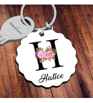Kişiye Özel H Harfi Temalı Çiçekli Tasarım HDF Dalgalı Anahtarlık (Beyaz)