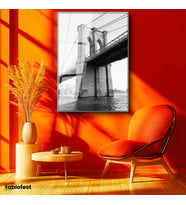 Gümüş Renk Metal Çerçeveli Tamperli Cam Tablo New York Brooklyn Köprüsü Kemerleri Şehir Mimari Tablo Duvar Dekoru