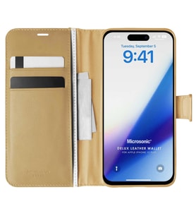 Microsonic Apple iPhone 15 Plus Kılıf Delux Leather Wallet Siyah (Gold)
