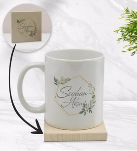 BK Gift Kişiye Özel Çiçek Tasarımlı Beyaz Kupa Bardak ve Ahşap Bardak Altlığı Hediye Seti - Model 11