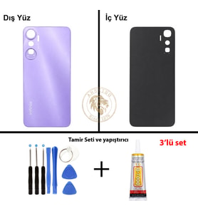 Infinix Hot 20 Mor Uyumlu Arka Kapak + Yapıştırıcı ve Vida Seti Arka Cam Batarya Pil Kapağı