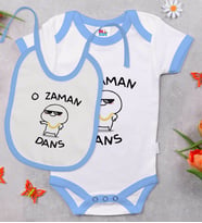 BK Kids O Zaman Dans Tasarımlı Mavi Bebek Body Zıbın ve Mama Önlüğü Hediye Seti-1