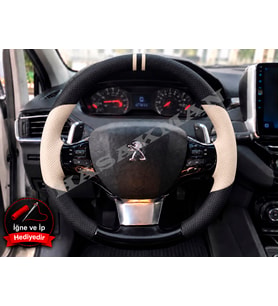 Peugeot Rifter Dikme Direksiyon Kılıfı Delikli Deri Parlak Siyah Bej Detay Çift Yüzük ve Dikiş 2018-2021