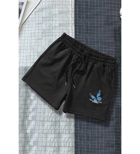 Tasarım Baskılı Pamuk Unisex Penye Short (Siyah)