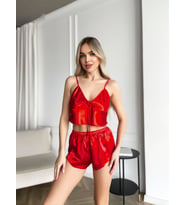 Arias Closet Kırmızı İnce Askılı Saten Şortlu Takım