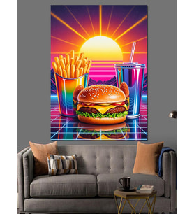 Neon Işıklı Hamburger Menüsü Dekoratif Kanvas - Mdf Ahşap Tablo