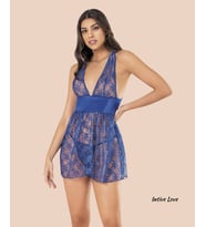 Moongirl Derin V Dekolteli Tamamı Dantel Arkası Açık Çekici Gecelik/Babydoll (Saks, Pembe)