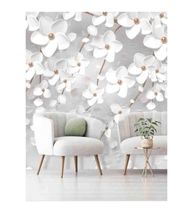 Dreamwall 3 Boyutlu Çiçekler Desenli Silinebilir Sağlıklı Tekstil Duvar Kağıdı (Beyaz-Gri)