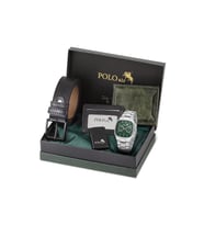 Polo Air Takvimli Kare Kasa Erkek Kol Saati Kemer Cüzdan Kartlık Çakmak Kombin Set Gümüş Yeşil Renk PL-7086E4