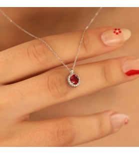 925 Ayar Gümüş Kırmızı Taşlı Yuvarlak Kolye