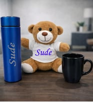 Kişiye Özel Peluş Ayıcık & Seramik Kupa & 500 ml Termos Hediye Seti Lacivert