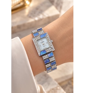 Rubenis Swiss Kadın Kol Saati 22x18 mm Kristal Taşlı Çelik Kasa ve Bilezik Mavi Sedef Detaylı