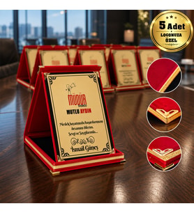 Logonuza Özel 5 Adet Mesajlı Kırmızı Kadife Albüm Plaket Kurumsal Ödül ve Teşekkür Seti