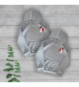 Çift Kalp Yapboz Temalı Sevgili Çift Hediye 2'li Gri Oversize Sweatshirt