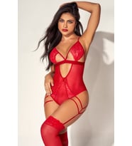 Kadın Kırmızı Dantel Tül Detaylı Jartiyerli Body Fantazi İç Giyim 8609