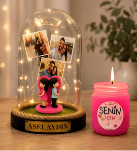 Kişiye Özel 3 Fotoğraflı LED Işıklı Fanus(sırt sırta) ve Kokulu Mum Hediye Seti