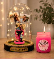 Kişiye Özel 3 Fotoğraflı LED Işıklı Fanus(sırt sırta) ve Kokulu Mum Hediye Seti