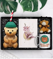 Bearista Şapkalı Pipetli Ayıcık Cam Bardak & Tasarım Kupa & Tasarım Defter & Ayıcık Anahtarlık Hediye Seti (Bej)