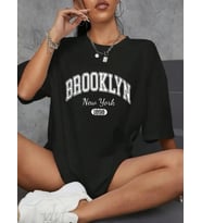 Baskılı Oversize Bisiklet Yaka T-shirt - Siyah