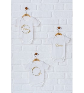 Pia Baby Premium %100 Pamuk İsme Özel Organik Baskılı Üçlü Set Çıtçıtlı Bebek Body Zıbın Modelleri 5049-18 (Ekru)