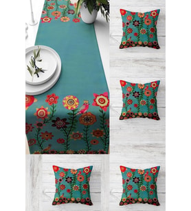 Mandala Nakış Desenli Çiçekli Masa Değişik Ranır Modelleri Dekoratif 4'lü Kırlent Kılıfı Runner Seti, Yeşil-Turuncu 45 x 45