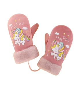 Petityu Sıcacık Tutan Eldiven Kadifemsi Pembe İçi Kürklü Unicorn Happy Kız Çocuk