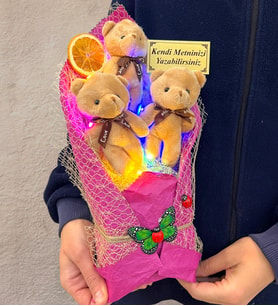 Renkli Led Işıklı Kişiye Özel Kahverengi Ayıcıklı Büyük Boy Peluş Ayıcık Buketi (Model 3)