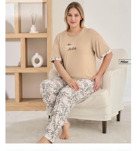 Pijamoni Kadın Milan Büyük Beden Bisiklet Yaka Kısa Kol İnce Pijama Takımı 7665/3B - 1 Adet