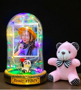 Sizlere Özel Renkli Led Işıklı Biblolu Fanus ve Pembe Peluş Ayıcıklı Anahtarlık (Model 8)