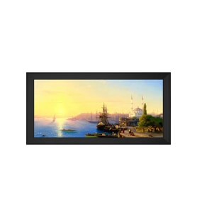 Eski Galata ve Kız Kuleleri Motifli Kanvas Tablo 50 x 70 cm Siyah Çerçeve