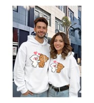 Sevgili Çift Kombini Sevimli Ayıcık Baskılı Kapüşonlu Sweatshirt 2li Set Takım 3 İplik Pamuk (Beyaz)