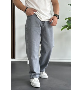 Erkek Baggy Kalıp Premium Düz Jean Pantolon Gri Edw182