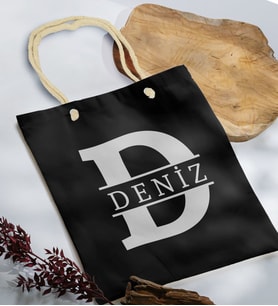 BK Gift Kişiye Özel Harfli Siyah Halat Saplı Kumaş Bez Çanta-1, Baskılı Omuz Çantası, Alışveriş Çantası