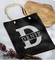 BK Gift Kişiye Özel Harfli Siyah Halat Saplı Kumaş Bez Çanta-1, Baskılı Omuz Çantası, Alışveriş Çantası