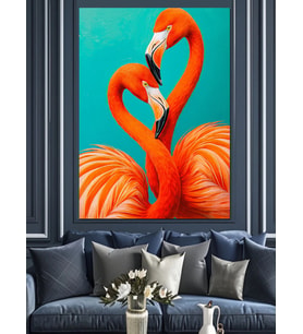 Kalp Şeklinde Flamingo Kuşları Dekoratif Kanvas - Mdf Ahşap Tablo