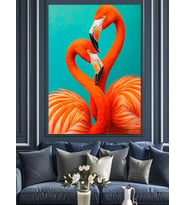 Kalp Şeklinde Flamingo Kuşları Dekoratif Kanvas - Mdf Ahşap Tablo