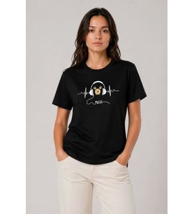 Müzik Temalı Baskılı Tişört Bisiklet Yaka Kısa Kol T-Shirt - Siyah