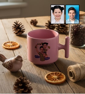Kişiye Özel Karikatürlü Sarı Lacivert Taraftar Baba Kız T Pastel Kupa Babalar Günü Hediyesi