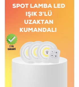 İthalat® Çok Amaçlı Kullanım İçin Kablosuz Yapışkanlı 3 Lü Uzaktan Kumandalı Led Spot Lamba