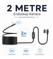 Uninet Iphone ve Android Uyumlu 2 Kameralı 2 Metre Kablolu Endoskop Yılan Kamera