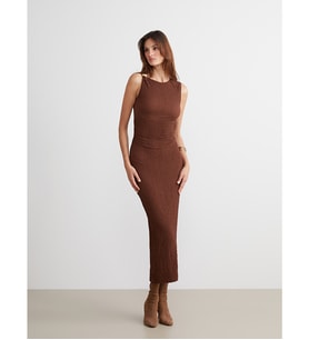 LCW Vision Kahverengi Bisiklet Yaka Büzgülü Bodycon Elbise