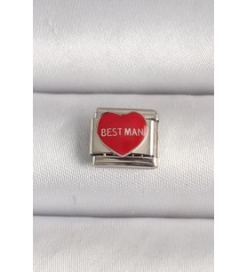316L Çelik Gümüş Renk 'Best Man' Yazılı Kırmızı Kalp İşlemeli Nomination Charm - TJ-BC1208