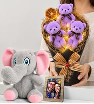 Kişiye Özel Fotoğraflı Hediye Seti – Sevimli Peluş Fil ve Led Işıklı Büyük Boy Ayıcık Buketi