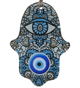 Dantel Motifli Cam Hamsa Eli Duvar Dekoru - Nazar Boncuklu Jüt İpli Süs 10x15 cm