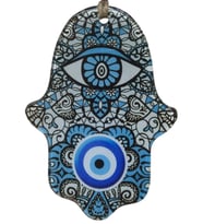 Dantel Motifli Cam Hamsa Eli Duvar Dekoru - Nazar Boncuklu Jüt İpli Süs 10x15 cm