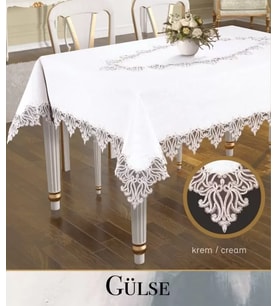 Keten Tek Masa Örtüsü Tablecloth 155x220 cm Dantelli Yemek Masası Örtüsü Gülse Model Krem
