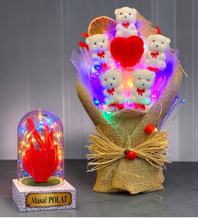 Renkli Led Işıklı Ayıcık Buketi & Kişiye Özel Renkli Led Işıklı Kırmızı Kalpli Fanus