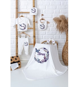 Pia Baby Premium Kişiye Özel Battaniye ve 5 Parça Zıbın Kız Bebek Hediyesi 5040-04 (Ekru)