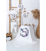 Pia Baby Premium Kişiye Özel Battaniye ve 5 Parça Zıbın Kız Bebek Hediyesi 5040-04 (Ekru)