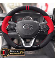 Toyota Corolla Cross Dikme Direksiyon Kılıfı Parlak Siyah Kırmızı Detaylı Kırmızı Çift Yüzük ve Dikiş 2020-2026